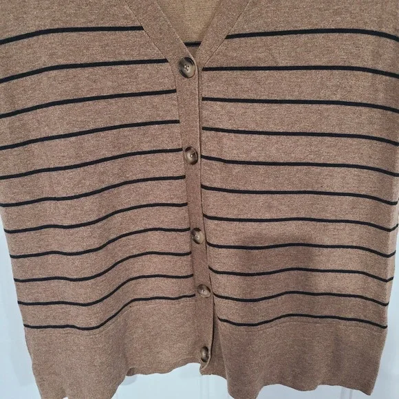 John + Jenn Womens Medium Tan Black Striped V-Neck Button Front Cardigan Sweater - Picture 4 of 11